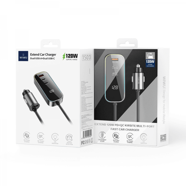 WIWU WI-QC014 120W PD+QC KIRSITE EXTEND FAST CAR CHARGER MULTI-PORT - BLACK