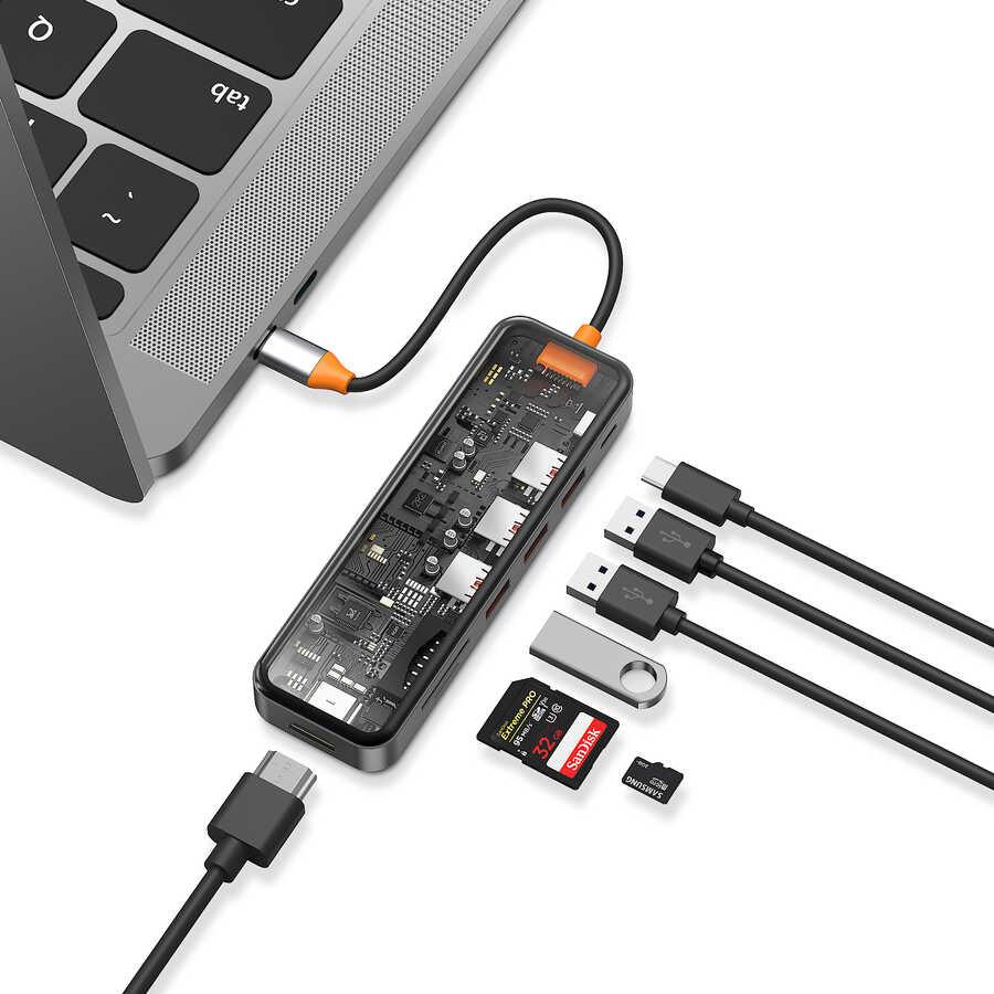 Wiwu Cyber 7 in 1 Type-C Hub 100W Charging Support Transparent Appearance SD Card-Hdmi-Usb Duplicator