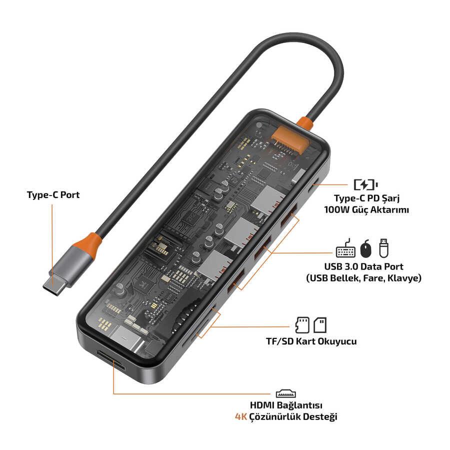 Wiwu Cyber 7 in 1 Type-C Hub 100W Charging Support Transparent Appearance SD Card-Hdmi-Usb Duplicator