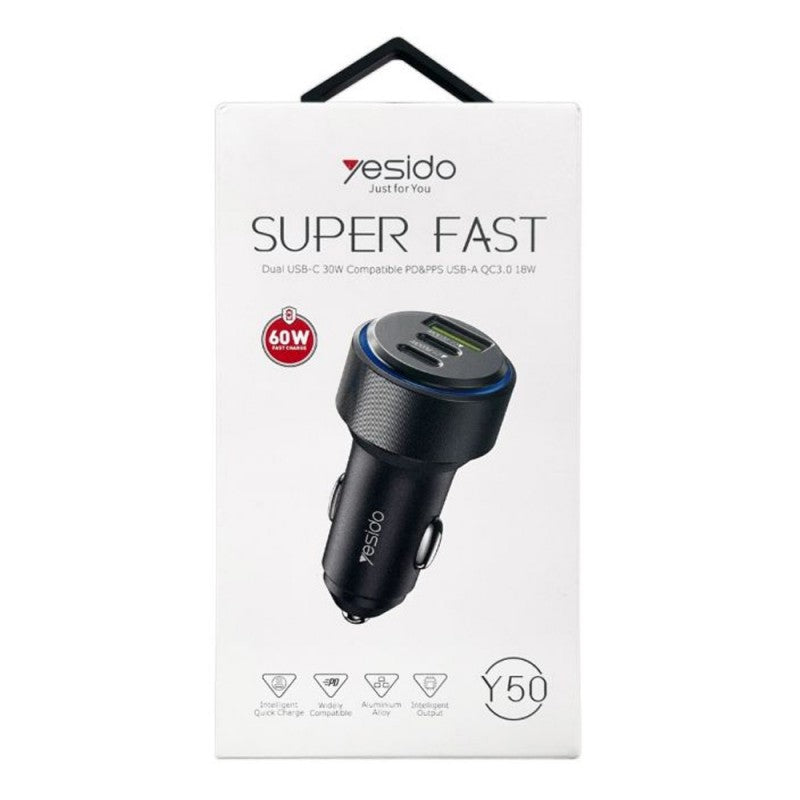 YESIDO Y50 Car Charger - Type-C*2 + USB 3-Port Fast Charger