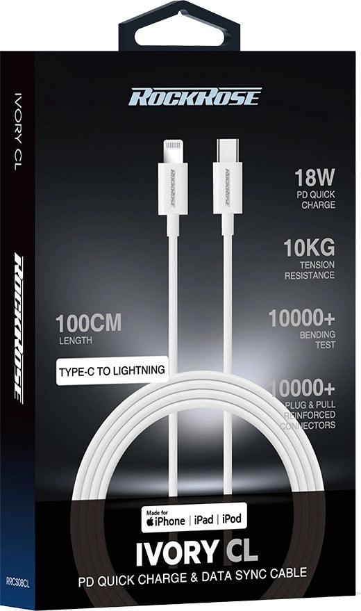 Rockrose USB C to Lightning Cable 18W 1m Fast Charge - White