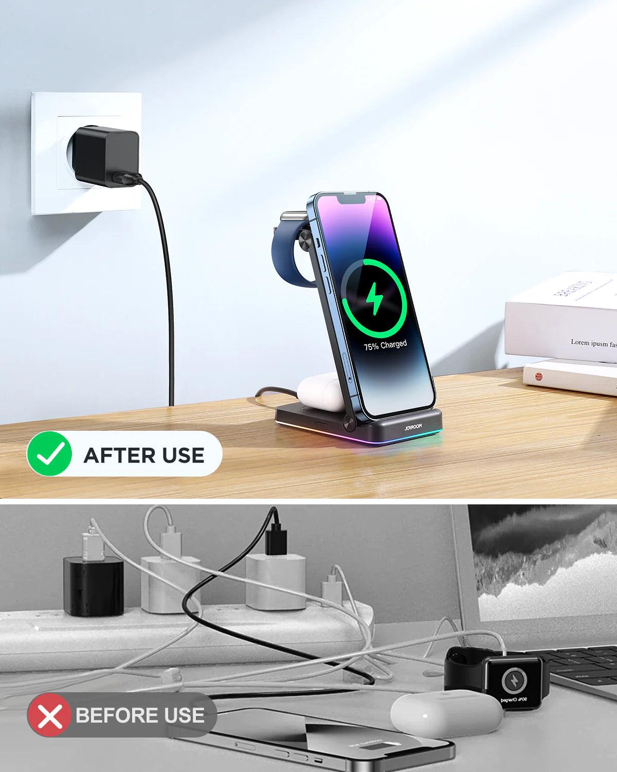 Joyroom 3 in 1 Magnetic Charging Station for Phone Watch & Earbuds - Black