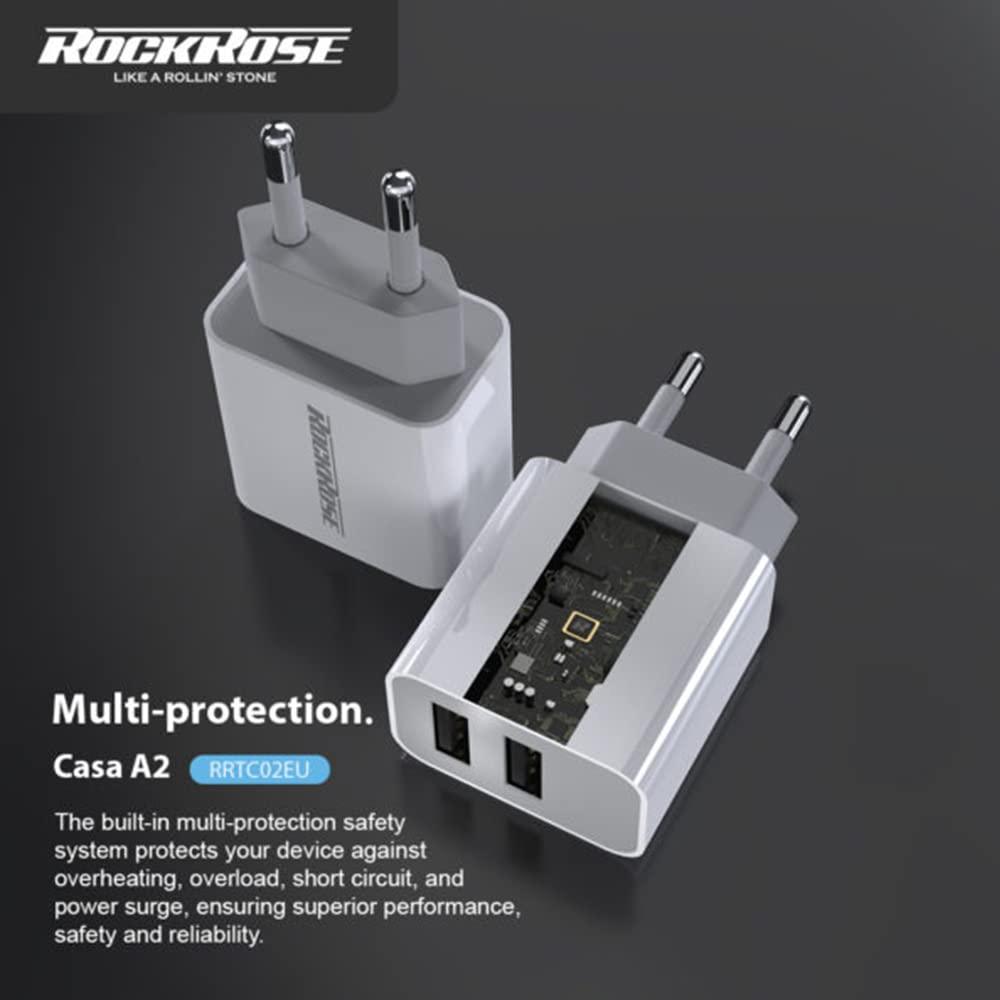 Rock Rose Casa A2 Dual Port 12W Travel Charger - White