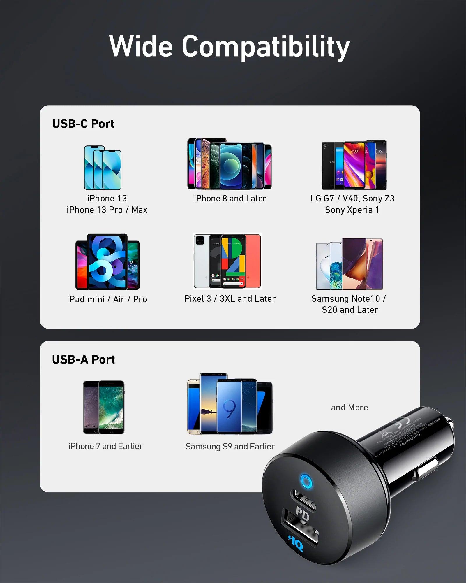 Anker PowerDrive PD & 2 35W USB C Fast Car Charger - Black