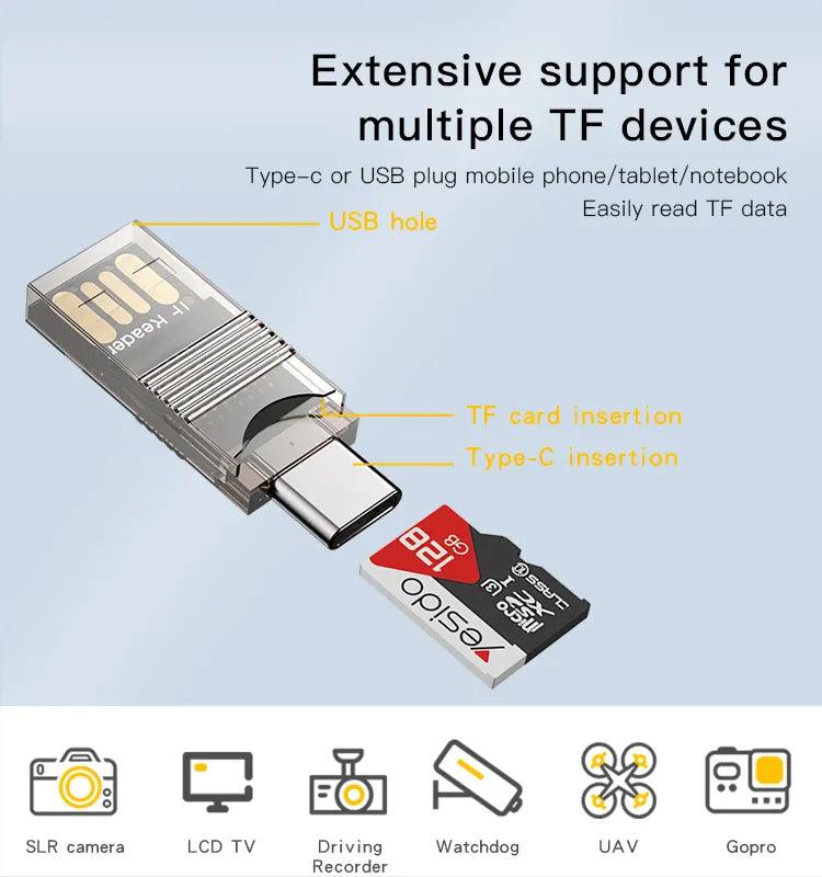 YESIDO 2 in 1 USB Type C & TF Card Reader Adapter - Silver