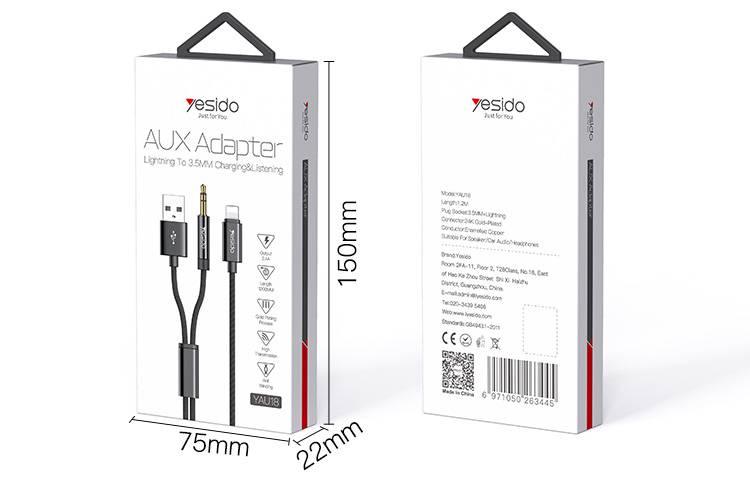 YESIDO AUX Lightning to 3.5MM Adapter Charging & Listening - Black