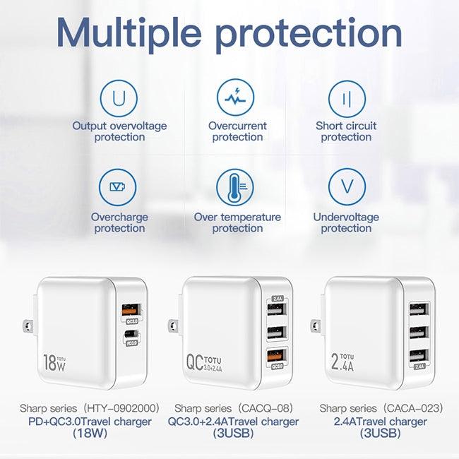 TOTUDESIGN  Sharp Series QC 3.0 + 2.4A Three USB Travel Charger Power Adapter, US Plug (White)