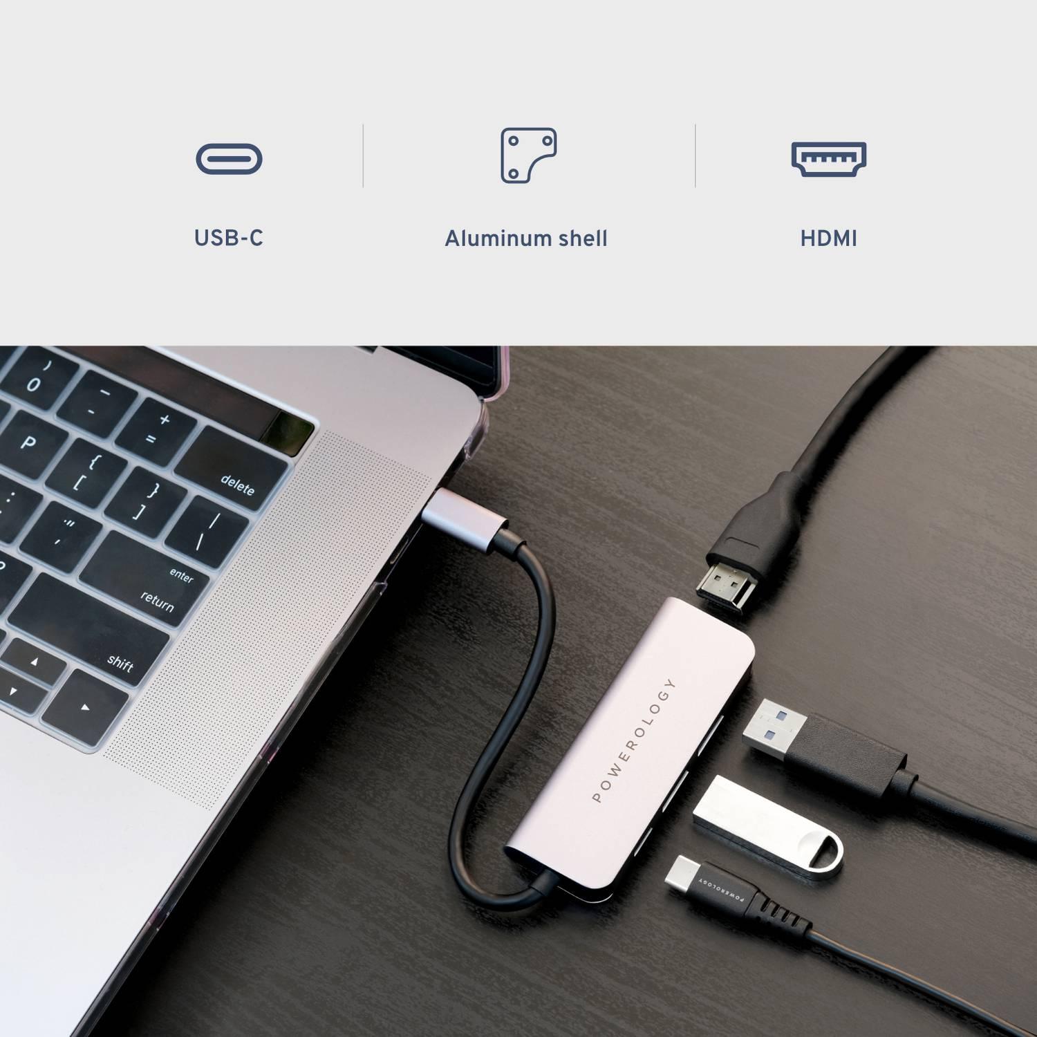 Powerology 4 in 1 USB-C Hub with HDMI & USB 3.0 - Gray