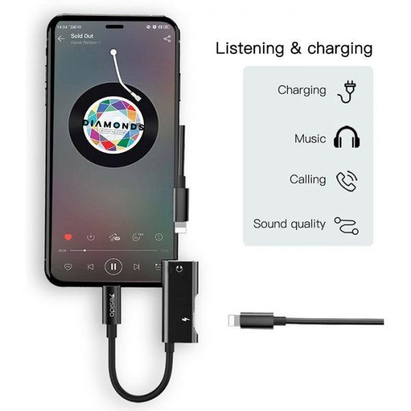 Yesido Lightning 2 in 1 Cable Wireless Audio & Charging - Black