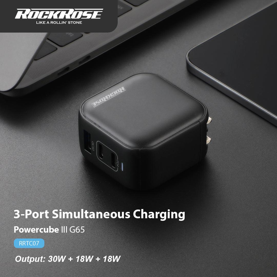 Rockrose Powercube 65W 3 Port GaN Charger for Fast Charging - Black