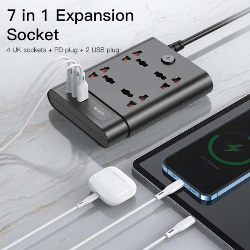 Yesido MC11 Power Socket 7 Ports 2650W & Fast Charging - Black