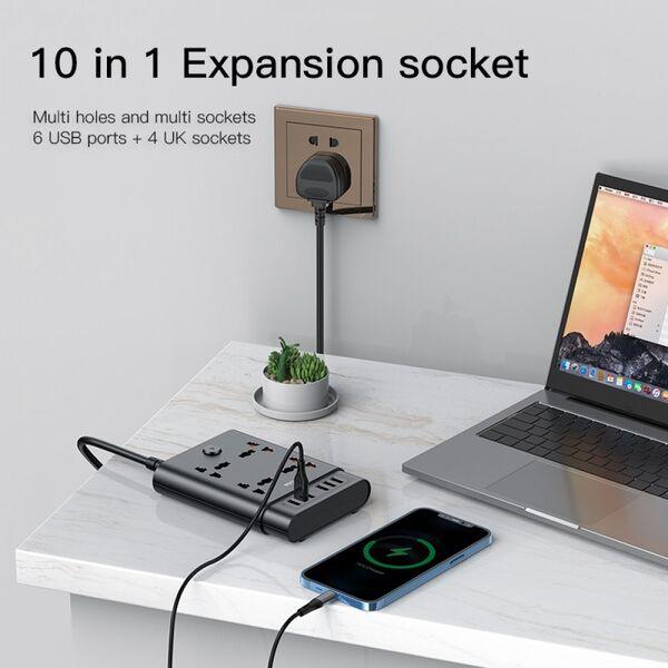 Yesido MC08 10 in 1 Power Socket with 6 USB Ports - Black